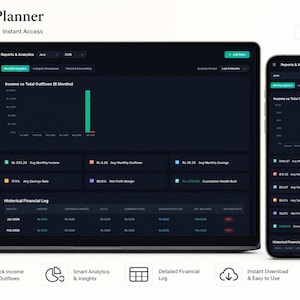 Puede incluir: Una interfaz de planificador de presupuesto digital mostrada en la pantalla de una computadora portátil y un teléfono inteligente, con un panel en modo oscuro que incluye informes financieros, análisis y una tabla de registro financiero.