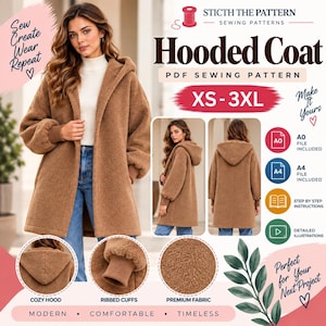 Op de afbeelding: Een PDF-naaipatroon voor een bruine teddy fleece jas met capuchon in maten XS-3XL. Het ontwerp heeft een capuchon, geribbelde boorden en premium stof. Inclusief A0- en A4-bestanden, stapsgewijze instructies en gedetailleerde illustraties.