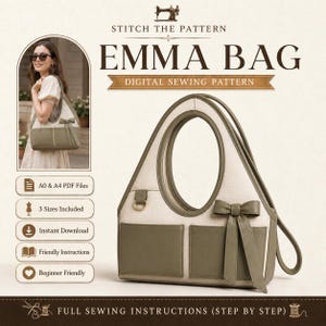 May include: A digital sewing pattern for the Emma Bag, featuring a two-tone beige and olive green handbag with a large oval handle, two front pockets, and a decorative bow. The design includes A0 and A4 PDF files, three sizes, and instructions.