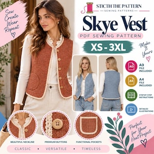 May include: A PDF sewing pattern for the Skye Vest, featuring sizes XS-3XL. The design includes a textured rust-coloured vest with light-coloured trim, wooden buttons, and pockets. Includes A0 and A4 files, step-by-step instructions, and illustrations.