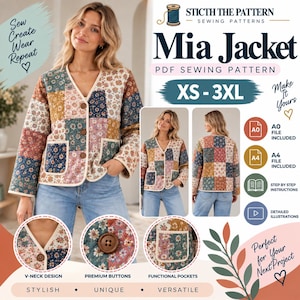 May include: A PDF sewing pattern for the Mia Jacket, featuring a V-neck, three brown buttons, and two front pockets. The jacket is made of a quilted fabric with a multi-colored floral patchwork design. Includes A0 and A4 file options.
