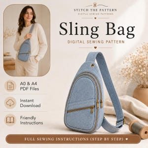 May include: A digital sewing pattern for a light blue denim sling bag. The design features a teardrop-shaped main compartment with a front zippered pocket, a single adjustable shoulder strap, and gold-tone hardware. Includes A0 and A4 PDF files.