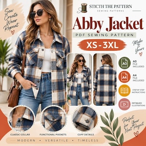 May include: A blue, cream, and brown plaid jacket sewing pattern titled Abby Jacket. The image displays the jacket from front and back views, featuring a classic collar, button-down front, functional chest pockets, and buttoned cuffs. Includes XS-3XL sizing.