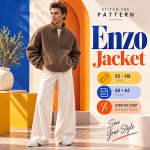Puede incluir: Una chaqueta de forro polar marrón con cremallera y pantalones anchos. El texto dice: STITCH THE PATTERN Enzo Jacket, XS-3XL SIZES, A0+A4 FILES, STEP-BY-STEP INSTRUCTIONS, Sew Your Style. La imagen muestra un patrón de costura para una chaqueta.