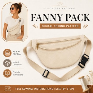 Può includere: Un cartamodello digitale per un marsupio beige con il testo STITCH THE PATTERN FANNY PACK DIGITAL SEWING PATTERN. L'immagine mostra un marsupio beige con due scomparti con cerniera, una tracolla regolabile e una fibbia in plastica nera.