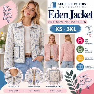 May include: A PDF sewing pattern for the Eden Jacket, featuring sizes XS-3XL. The jacket is quilted with a blue floral print on a cream background, a classic collar, zipper closure, and functional pockets. Includes A0 and A4 files, instructions, and illustrations.