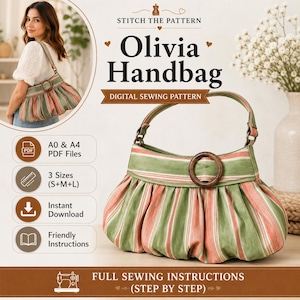 Könnte beinhalten: Ein digitales Schnittmuster für die Olivia Handtasche, bestehend aus einer gerafften, gestreiften Tasche in Grün und Pfirsich mit einem runden Holzring. Die Grafik enthält Text, Symbole für PDF-Dateien, drei Größen und eine Anleitung.