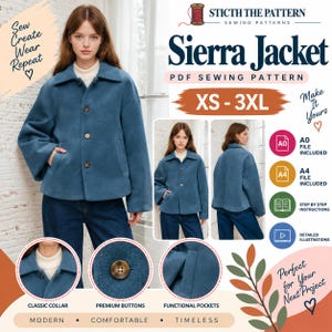 May include: A blue Sierra Jacket PDF sewing pattern featuring a classic collar, premium buttons, and functional pockets. The design includes sizes XS-3XL, A0 and A4 file formats, step-by-step instructions, and detailed illustrations for sewing.