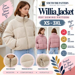 Peut inclure: Un patron de couture PDF pour la veste Willia, présentant un design de doudoune à col montant avec un ourlet réglable. Le patron inclut les tailles XS-3XL, des fichiers A0 et A4, des instructions étape par étape et des illustrations détaillées.