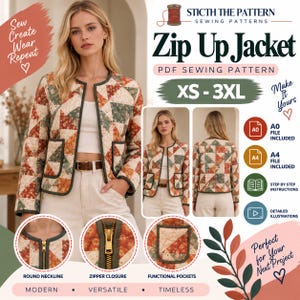 Peut inclure: Un patron de couture PDF pour une veste zippée en tailles XS-3XL. La veste présente un motif patchwork matelassé avec des imprimés floraux orange, verts et crème, une encolure ronde, une fermeture éclair dorée et deux poches avant fonctionnelles.