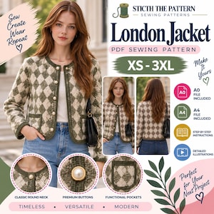 May include: A PDF sewing pattern for a London Jacket featuring a diamond-patterned fabric in olive green and cream. The jacket has a round neckline, long sleeves, gold-toned pearl buttons, and two front pockets. Includes sizes XS to 3XL, A0 and A4 files.