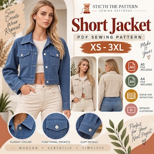 May include: A digital sewing pattern for a short jacket, featuring a blue denim jacket with a classic collar, button-front closure, and functional chest pockets. The graphic includes text: Sticth the Pattern, Short Jacket, PDF Sewing Pattern, XS-3XL.