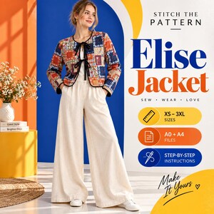 Puede incluir: Una chaqueta de manga larga con un patrón de patchwork multicolor, ribetes negros y dos lazos negros en la parte delantera, combinada con pantalones color crema de pierna ancha. Texto: STITCH THE PATTERN Elise Jacket, XS-3XL SIZES, A0+A4 FILES, STEP-BY-STEP INSTRUCTIONS.