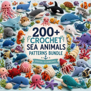 Pakiet ponad 200 wzorów szydełkowych na zwierzęta morskie w formacie PDF, pakiet amigurumi ocean do natychmiastowego pobrania, szydełkowanie dla początkujących, prezent w kształcie wieloryba i żółwia
