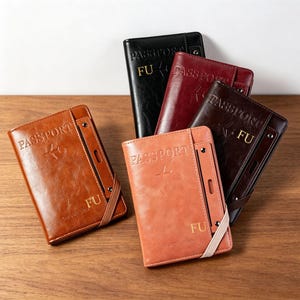 May include: A collection of five passport holders in black, burgundy, dark brown, tan, and light brown. Each rectangular cover features the embossed word PASSPORT, an airplane icon, the letters FU, and an elastic strap with a vertical side panel.