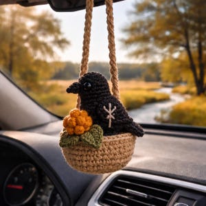 Norse Raven Crochet Car Charm, Handmade Cloudberry Rune Mirror Hanging Ornament, Nordic Myth Aesthetic Rearview Decor