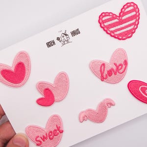 Pink Heart Iron-On Patch, Embroidered Love Sweet Heart Badge, Single or Full Set