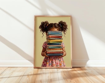 Curly Hair Girl with Books Wall Art, Whimsical Reading Nook Decor, Bookworm Art Print, Pink Floral Dress, Diverse Kids Room, Book Lover Gift