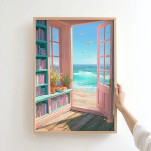 May include: A framed wall art print depicting an open pink door leading to a sandy beach and turquoise ocean. To the left, a teal bookshelf filled with colorful books stands beside a window. Potted plants and a bowl sit on the windowsill.