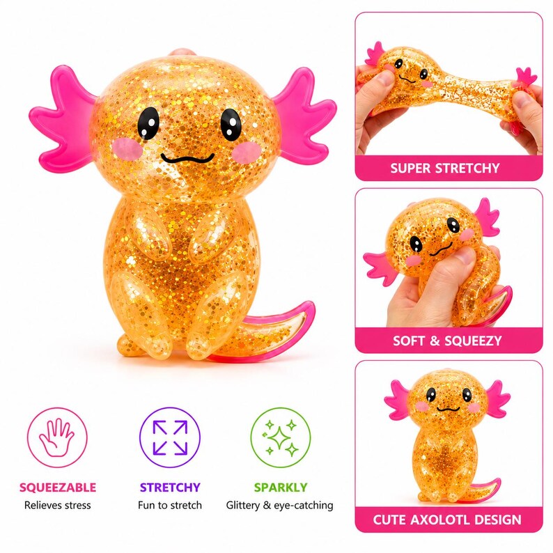 Squishy Toy Axolotl pailleté : agitation sensorielle extensible et ...