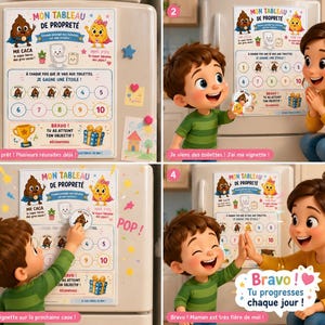 Puede incluir: Una tabla de entrenamiento para ir al baño rectangular titulada Mon Tableau de Proprete con los personajes Mr. Caca y Mme Pipi. La tabla incluye una cuadrícula de seguimiento numerada del uno al diez, ilustraciones de inodoro y trofeo.