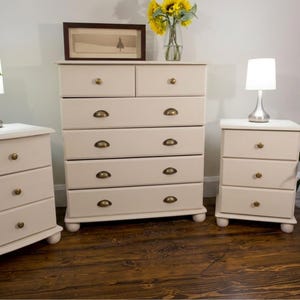 Cottage style bedroom Set: Chest, Bedside Drawers, Brass finish