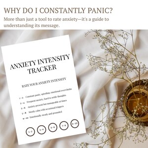 May include: A white paper sheet titled ANXIETY INTENSITY TRACKER with the text WHY DO I CONSTANTLY PANIC? More than just a tool to rate anxiety—it's a guide to understanding its message. It includes a rating scale from 1-10 with descriptions.