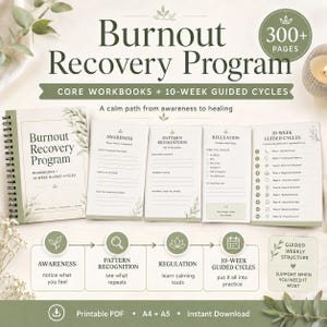 Könnte beinhalten: Ein Burnout Recovery Program Arbeitsbuch-Set mit über 300 Seiten, Kernarbeitsbüchern und 10-wöchigen geführten Zyklen. Die Materialien enthalten Abschnitte zu Bewusstsein, Mustererkennung und Regulation in einer sanften grün-weißen Farbpalette.