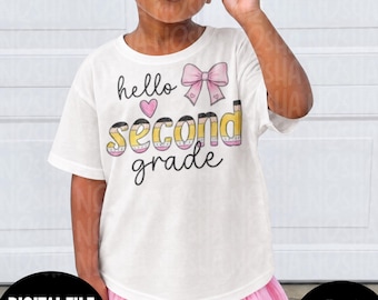 Hello Second Grade PNG SVG, Second Grade Coquette Bow Pink Girls Shirt Design, First Day of School Girl, Back to School Digital Download