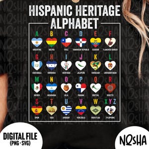 Może przedstawiać: Czarny t-shirt z napisem HISPANIC HERITAGE ALPHABET u góry. Poniżej znajduje się siatka dwudziestu sześciu ikon w kształcie serca z literami od A do Z, z których każda jest powiązana z flagą, symbolem kulturowym lub słowem w białym kolorze.