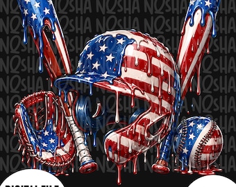 Patriotic Baseball PNG, USA Flag Baseball Drip Design, American Baseball Shirt Graphic, 4th of July Digital Download