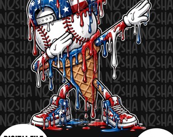 Patriotic Baseball Ice Cream PNG, Dabbing Baseball Drip Design, American Flag 4th of July Shirt Graphic, Digital Download