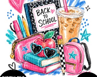 Back to School PNG, Preppy Teacher Watercolor Design, School Supplies Iced Coffee Graphic, Sublimation Digital Download