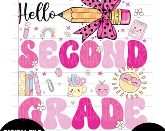 Hello Second Grade PNG SVG, Pink Coquette Bow School Design, First Day of 2nd Grade Shirt, Back to School Digital Download