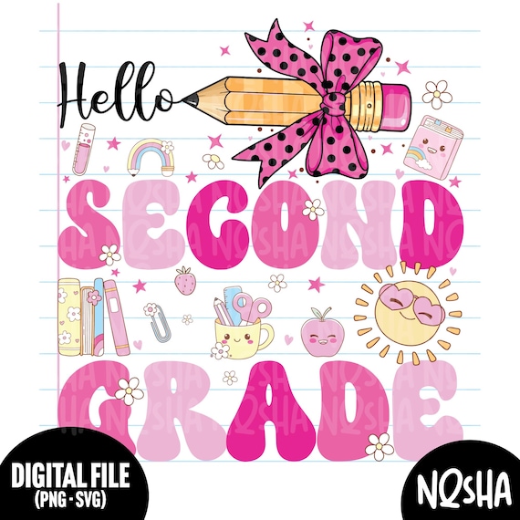 Hello Second Grade PNG SVG, Pink Coquette Bow School Design, First Day of 2nd Grade Shirt, Back to School Digital Download