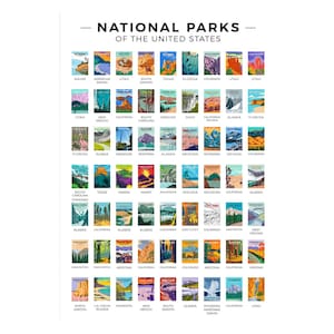 May include: A white poster titled NATIONAL PARKS OF THE UNITED STATES featuring a grid of colorful, stylized illustrations of various national parks, each labeled with its name and state, showcasing diverse landscapes like mountains, forests, and deserts.
