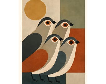 Mid Century Modern Geometric Bird Poster, Scandinavian Abstract Wall Art