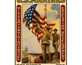 Vintage U.S. Marines Soldiers of the Sea Recruitment Poster, Patriotic Military Wall Art