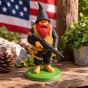 May include: A garden gnome figurine dressed in tactical gear, including a black hat, black long-sleeved shirt, tan vest, and tan boots. The gnome has a long red beard and holds a black rifle. It stands on a round green base.