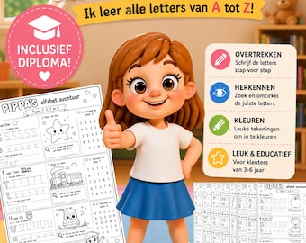 Letters Leren Schrijven A-Z | Alfabet Werkbladen voor Kleuters | Letters Overtrekken Printable | Directe Download