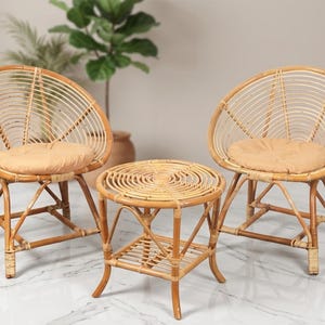 Ensemble table et chaise en rotin tressé à la main | Meubles de patio bohème, sièges intérieurs et extérieurs