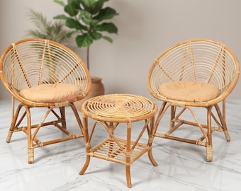 Handwoven Rattan Shell Chair and Table Set | Boho Patio Furniture, Indoor Outdoor Seating