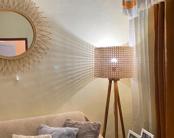 Handmade Rattan Floor Lamp, Boho Wooden Standing Lamp, Coastal Living Room Lighting