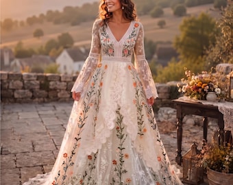 Boho Floral Embroidered Wedding Dress, Bell Sleeve Lace Tulle Bridal Gown, Vintage Botanical Wedding Dress