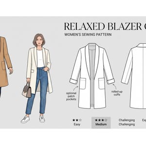 Women’s Longline Shawl Collar Jacket Sewing Pattern | Easy Unlined Coat with Optional Pockets & Roll-Up Cuffs.
