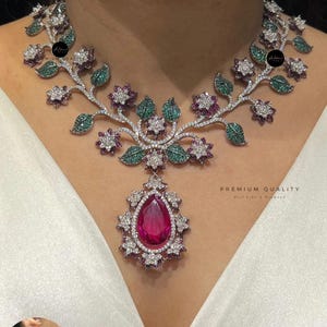 Pink Ruby Floral Statement Necklace Set with CZ Diamond Earrings