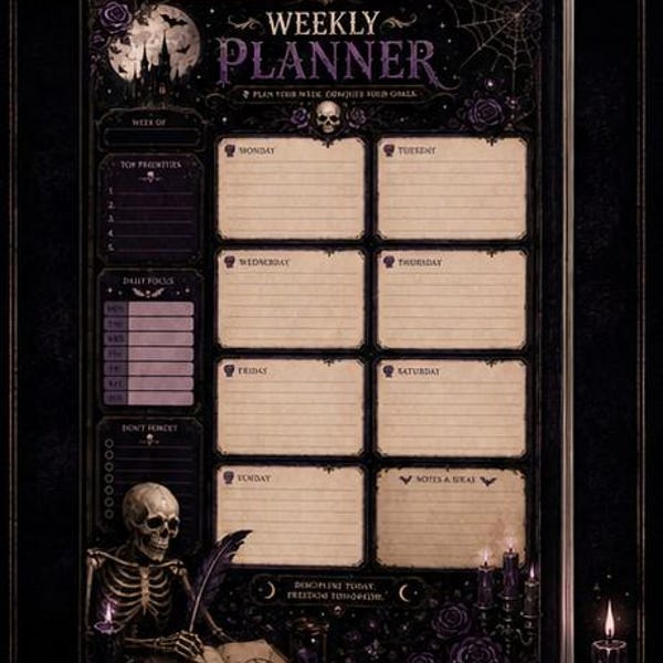 Gothic Wochenplaner Printable | Dark Aesthetic Weekly Organizer PDF | Goth-Produktivitätsplaner | Sofortiger digitaler Download