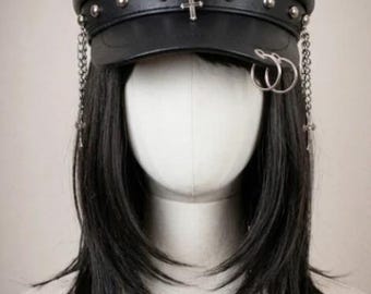 Black Leather Newsboy Cap, Punk Gothic – Skull, Cross & Chain Details