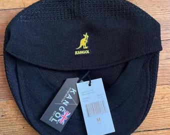 Kangol Black Beret Hat with Yellow Embroidery, Model 504, New with Tags