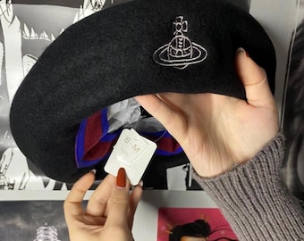 Vivienne Westwood Black Wool Beret Hat with Nana Saturn Planet Orb Punk Embroidery